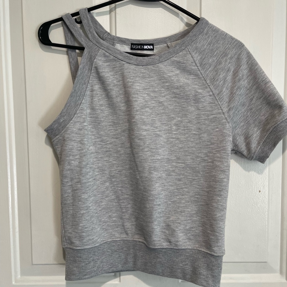 Fashion Nova Grey One-Shoulder Sweatshirt